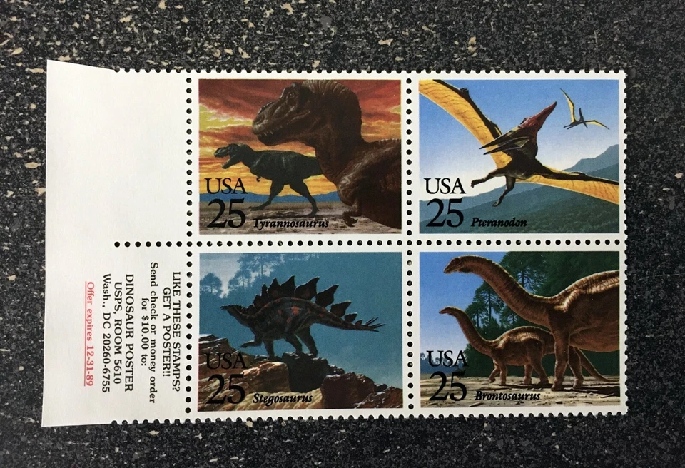 1989USA #2422-2425 25c Prehistoric Animals Dinosaurs - Copyright Selvage Block 4 - Image 1 of 1