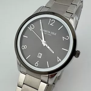 Kenneth Cole Quartz Watch KC5088 Men 30m Silver Black Date Analog New Battery - Picture 1 of 6