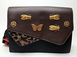 Rare "Bug Bag" Black Brown Crossbody W/strap 3 Beetles 2 Lion Heads 1 Butterfly - Picture 1 of 13