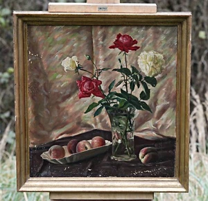 Erich Sauberlich - Bodegón con rosas y melocotones - Cuadro al óleo, marco firmado - Imagen 1 de 9