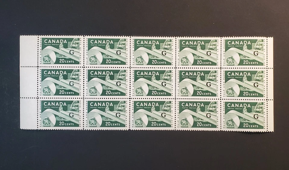 Stamps Canada Mint: O45 20c green Paper Industry 'G' horiz. blk. of 15 VF+ MNH - Image 1 of 1