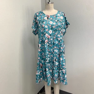 Shirt Dress Women's Size 2XL Blue Short Sleeve Crew Neck Floral Print - Picture 1 of 9
