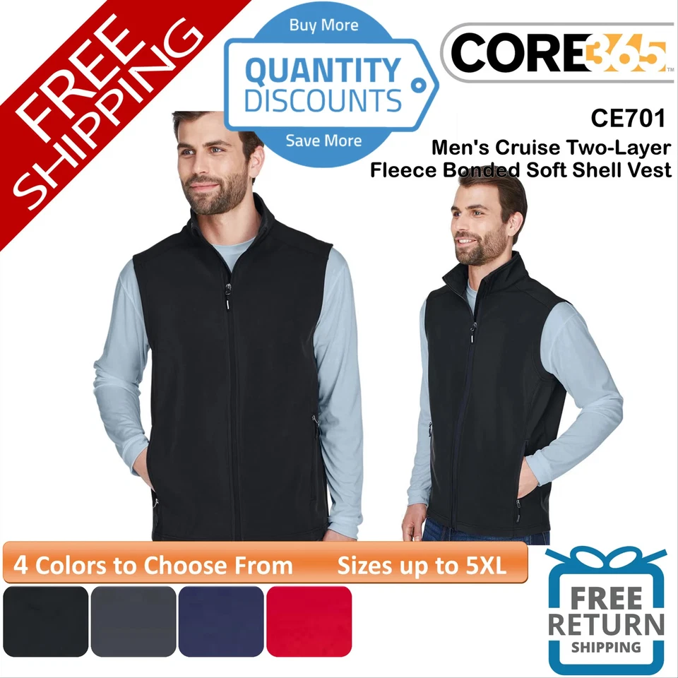 🔥 CORE365 Men's Cruise Two-Layer Fleece Bonded Soft Shell Vest Up To 5XL CE701 - Image 1 of 1