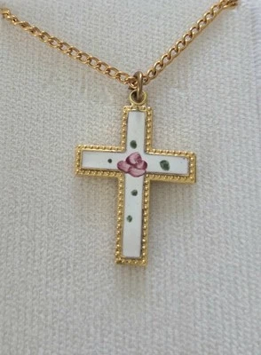 Vintage Cross Religious Necklace and Pendant Goldtone White Floral Rose Gift - Image 1 of 4