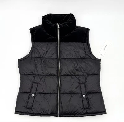 New Calvin Klein Vest Womens Large Black Puffer Quilted Velvet Yoke Pockets - Image 1 of 4
