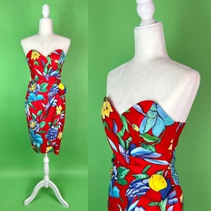 Vintage 80s Strapless Red Tropical Floral Party Dress - Size XS - Picture 1 of 10