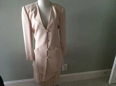 Dana Buchman Two 2 Piece Suit 4 Long Pink Tan Silk Jacket Skirt Pleated 8 - Image 1 of 4