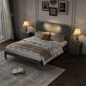 3 PCS Sets, Queen Size Farmhouse Platform Bed with Lights, 2 Nightstand, Gray - Picture 1 of 18