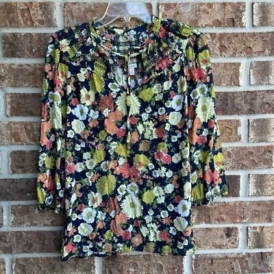 Blusa Odille Azul Marino y Multicolor Estampado Floral Cuello-Corbata Fruncido Manga 3/4 Talla 6 Foto 1 de 4