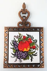 Vintage MCM Fruit Bowl CERAMIC TILE Cast Iron Brass Look TRIVET Wall Hanger EUC - Picture 1 of 6