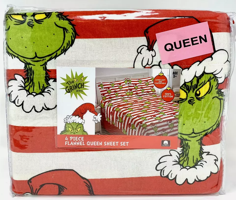 Dr Seuss THE GRINCH Queen Size Cotton Flannel Sheet Set  Christmas (cozy & warm) - Image 1 of 4