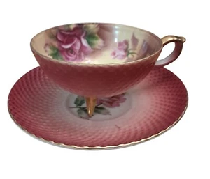 Vintage Lefton China Three Toed Cranberry Hobnail Rose Cup & Saucer Set - Picture 1 of 8