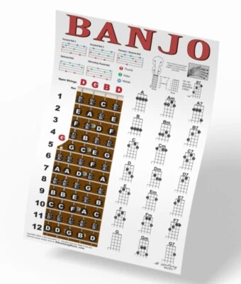 Banjo Chord Chart Poster Fretboard Rolls 5 String Chords Beginner Notes Theory - Image 1 of 4