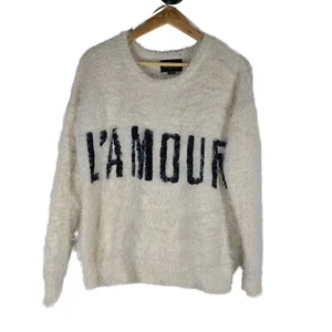 Maddison Womens Medium Fuzzy Sweater Ivory Black L'Amour Crew Neck Long Sleeve - Picture 1 of 4