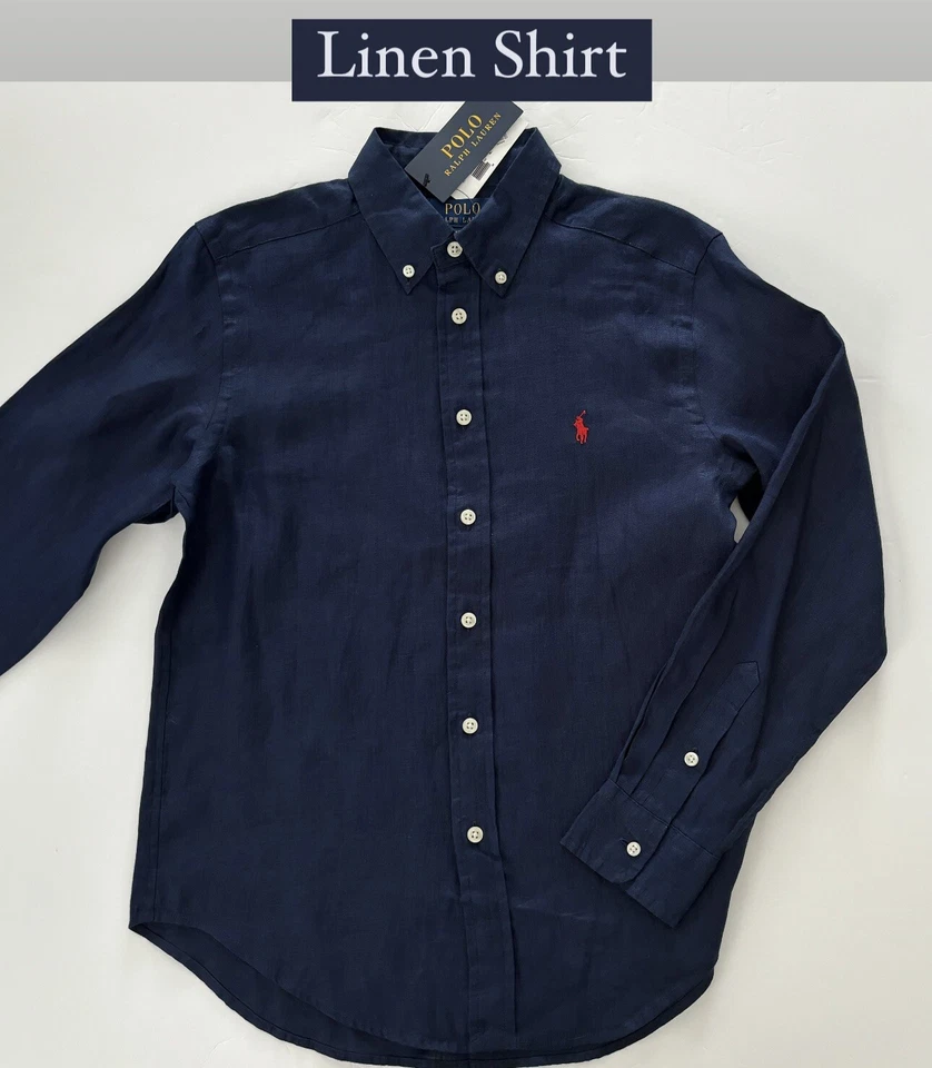 Новый с Ярлыками, для мальчиков поло RALPH LAUREN темно-синий кнопка вверх льняная рубашка. Размер 6. Приблизительно 116 евро - Изображение 1 из 1