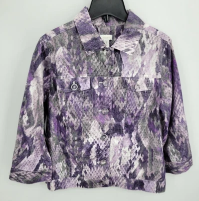 Chaqueta Chicos Mujer Mediana 1 Púrpura Gris Estampado Reptil Lino Camionero Abotonada Foto 1 de 4