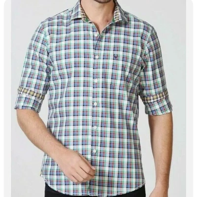 ALLEN SOLLY MULTI COLORED BUTTON UP PURE COTTON PLAID SHIRT SIZE 39 - Image 1 of 4