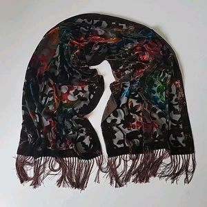 Silk Chiffon Velvet Burnout Rectangle Shawl Scarf Fringed Boho Retro Whimsigoth - Picture 1 of 11