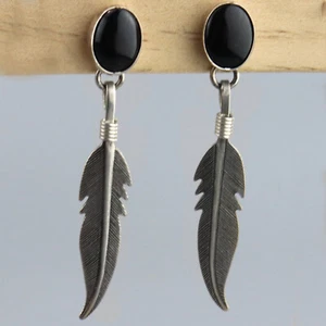 Vintage Native American Onyy Feather Sterling Silver Dangle Earrings - Picture 1 of 5