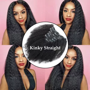 4B 4C Yaki Kinky Straight Clip In Virgin Human Hair Extensions Afro Curly Weave - Picture 1 of 14