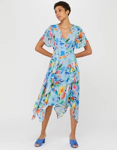 Monsoon Wendy Estampado Dobladillo Pañuelo Vestido Azul Floral Midi Té Volantes - Imagen 1 de 5