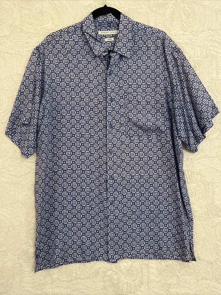 Camisa informal de campamento manga corta azul seda 100 % Robert Stock años 90 vintage para hombre XL Foto 1 de 4