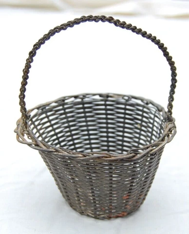 Vintage Woven Metal Wire Basket Chain Handle Industrial 5 1/2" Flexible Folk Art Cover