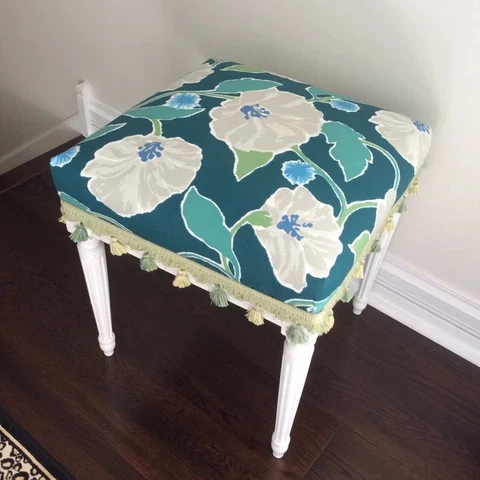 French Louis XVI Style /Bench / Antique White / Macap Cottage Fabric Cover