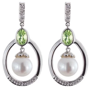 14K White Gold Genuine Diamond, Peridot, and Pearl Hanging Womens Earrings - Picture 1 of 3