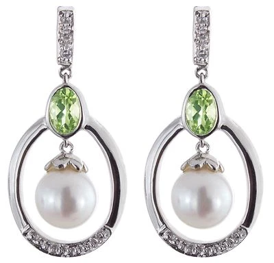 Pendientes colgantes de diamantes, peridotos y perlas genuinos de oro blanco de 14K para mujer Foto 1 de 3