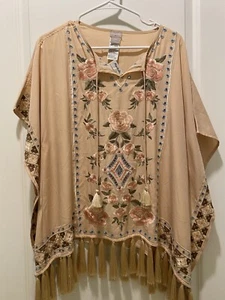 NWT Chicos Poncho Rose Boho Embroidered festival Hippy Fringe Oversize Top S M - Picture 1 of 10