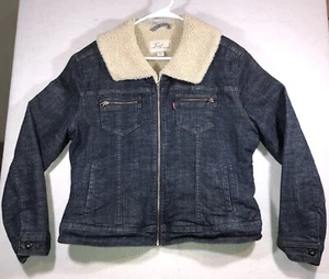 Levis Denim Dark Wash Trucker Coat Sherpa Lined Full Zip Pockets Womens Size XL - Picture 1 of 8