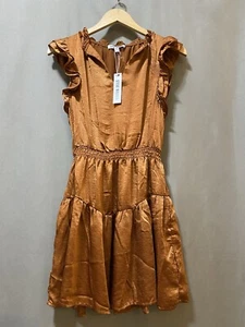 NWT STEVE MADDEN Women Ruffle Cap Sleeve Smocked Satin Mini Dress Size S Bronze - Picture 1 of 16