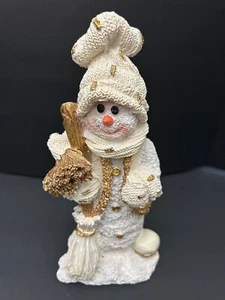 Snowman Figurine Knit Hat & Scarf Holding Gold Broom Collectible Christmas Decor - Picture 1 of 9