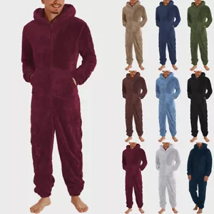 Men Teddy Bear Fleece Pyjamas Winter Warm All In One Jumpsuit Pants Loungewear - Picture 1 of 20