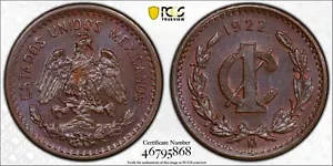 MEXICO ESTADOS UNIDOS 1922  1 CENTAVO COIN PCGS CERTIFIED UNCIRCULATED MS64-BN - Picture 1 of 4