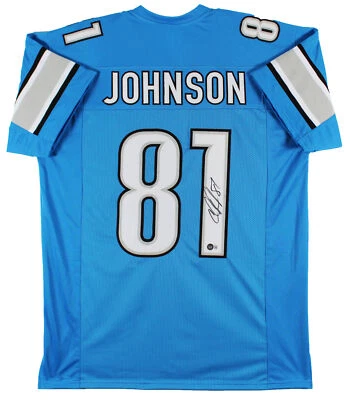 Camiseta Calvin Johnson autêntica assinada azul estilo profissional BAS Witnessed - Imagem 1 de 3