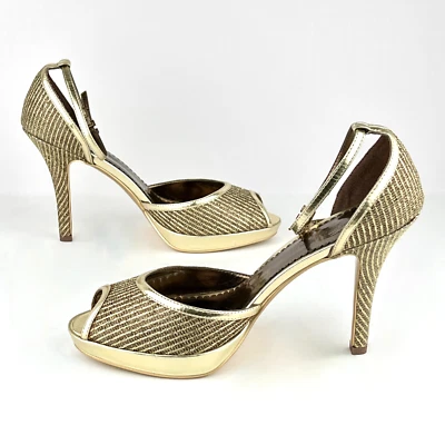 Golden Party Gold Leather Platform Open Toe Heels Sandals Italy Size US7 EU38 - Image 1 of 4