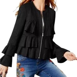 INC International Concepts Black Faux Suede Tiered Ruffle Jacket M Bell Sleeves - Picture 1 of 10