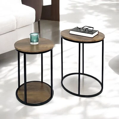 Nest of 2 Tables Rustic Oak Set of 2 Coffee Side End Table Black Metal Legs - Image 1 of 4