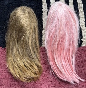 2 PERÜCKEN PASSEND FÜR PUPPENKÖPFE 10 ZOLL UMFANG - rosa und brünett - Bild 1 von 22