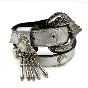 Vintage 80er 90er LEATHEROCK Silber Leder Dangle Buckle Jeweled Waist Belt 25-29 - Bild 1 von 15