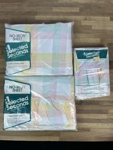 Vtg NOS Springmaid Double Fitted & Flat Sheet Set Pillowcases Multi Pastel Plaid - Picture 1 of 7