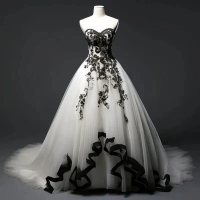 Gothic Wedding Dresses Lace Appliques Black White Vintage Bridal Tulle Gowns - Image 1 of 4