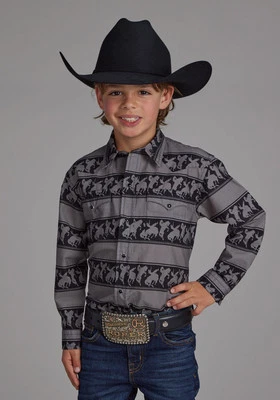 Roper Kids Boys Horizontal Rodeo Stripe Black 100% Cotton L/S Shirt - Image 1 of 3