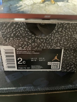 Size 2C - Nike Air Jordan 3 Retro (Td)  White/cosmic Clay- Sail [FQ9175 121] NEW - Image 1 of 4