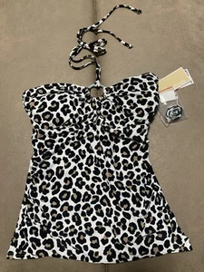 Michael Kors Swim Logo Ring Shirred Khaki Animal Print Tankini Top NEW Size Smal - Picture 1 of 12