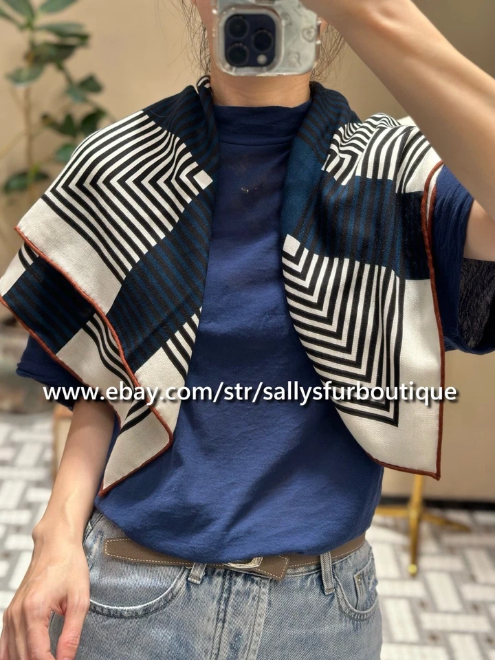 Sallys 70% Cashmere & 30% Silk Wrap Scarf Double Face Stripes Print Shawl 35" - Image 1 of 4