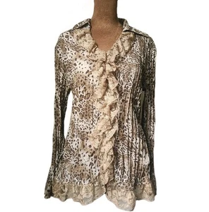 Vintage 90s Ruffle Blouse Size S Leopard Semi Sheer Lace 90s Pleated Fashion Bug - Picture 1 of 8
