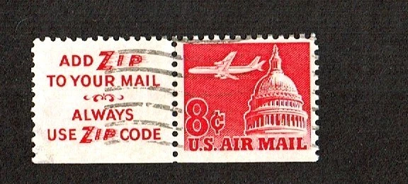 1962 U.S. AIRMAIL 8c Carmine Airplane ZIP SINGLE Sc#C64 Used - Image 1 of 1